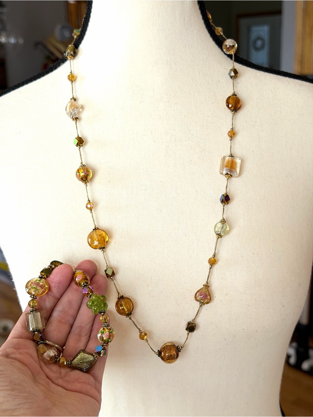 Vintage Glass Bead Necklace and Stretch Bracelet Set Victorian Rose Beads, Amber